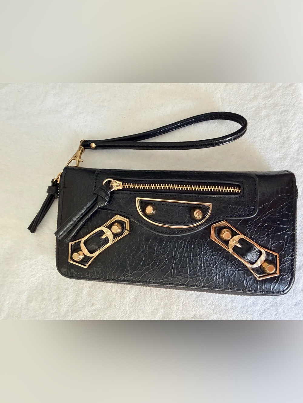 🖤 Textured Black Leather Zippy Long Wallet Gold Hardware New